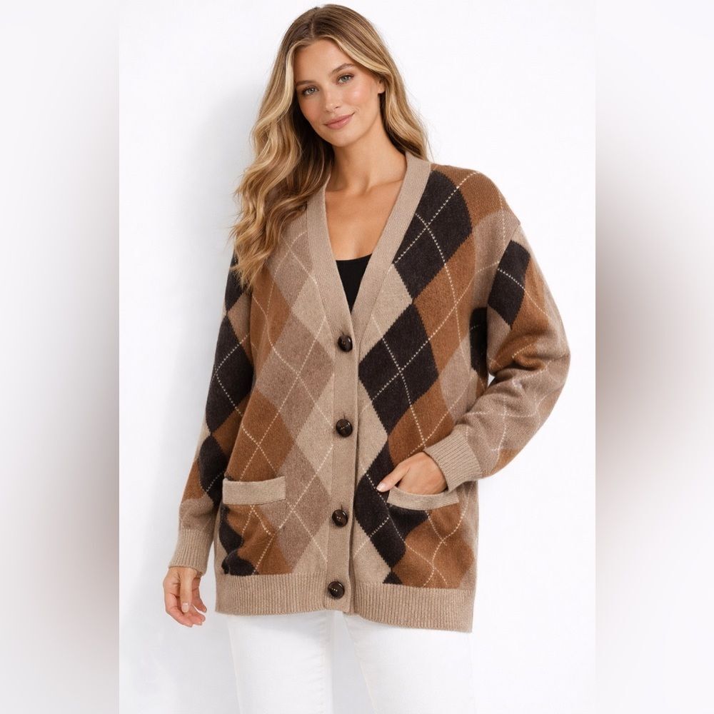Nwot Nili Lotan Argyle Wool Cardigan Sweater | Size Small